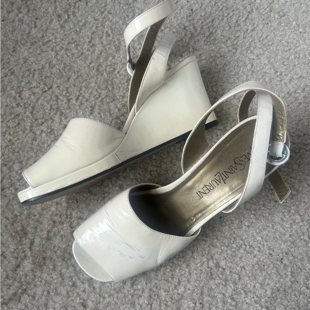 Vintage YSL Cream Patent Heeled Sandals!